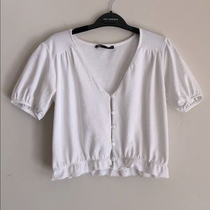 Zara White Button Down Crop Top with Puffy Sleeve
